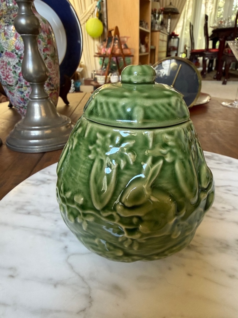 Vintage discontinued Bordallo Pinheiro Rabbit Green Sugar Bowl with Lid